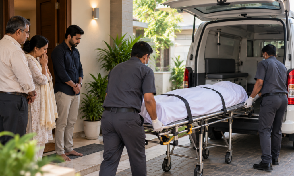 Funeral attendants arranging transportation from home.