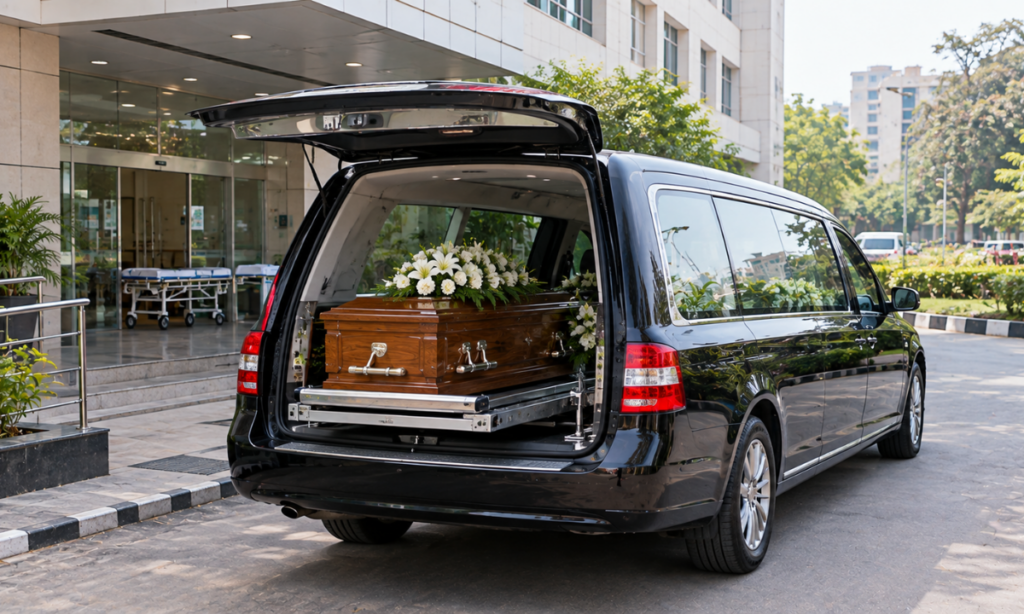 Transportation arrangements for a deceased person in Delhi.