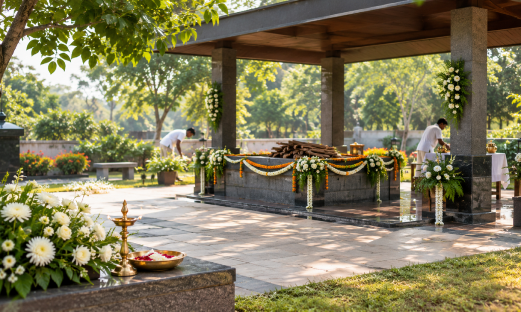 Arranging a cremation ground or burial place for funeral services