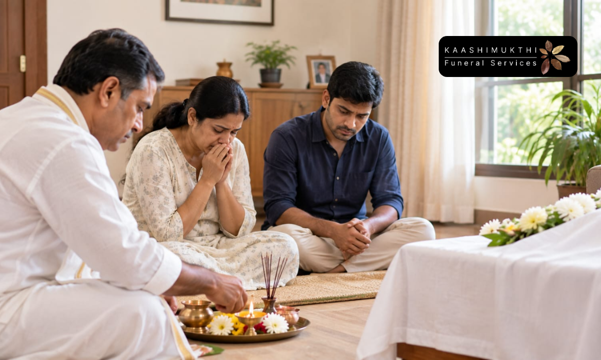 Family receiving assistance after a death at home in Pune.