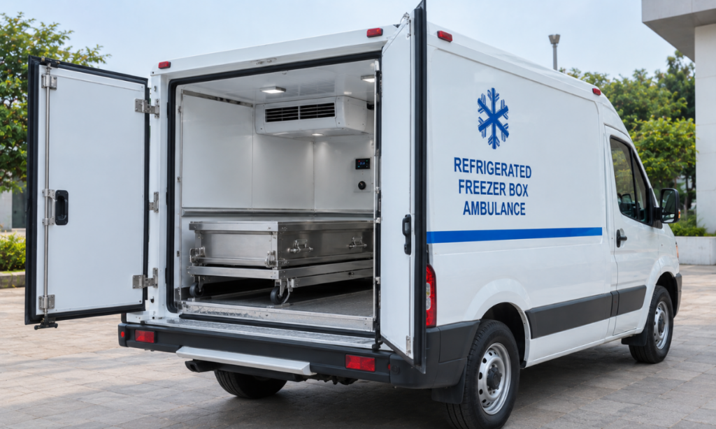 Refrigerated freezer box ambulance for long-distance transport