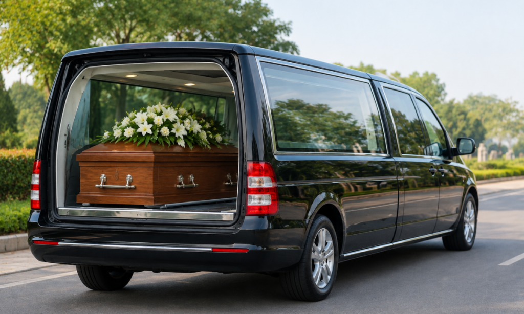 Road transportation of human remains using a hearse or mortuary vehicle.