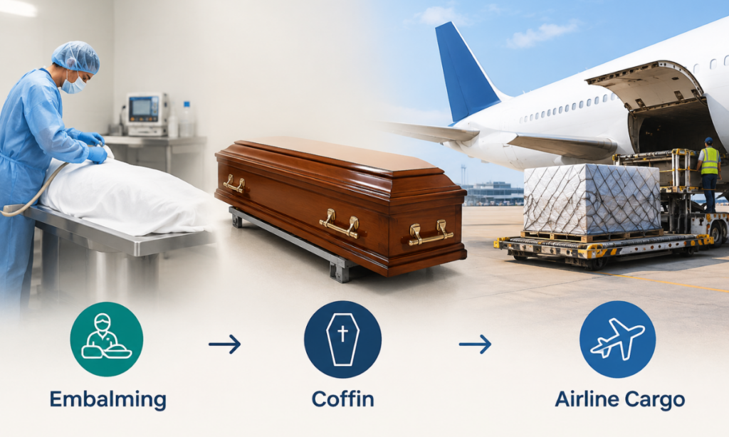 Embalming, coffin, and airline cargo requirements for repatriation