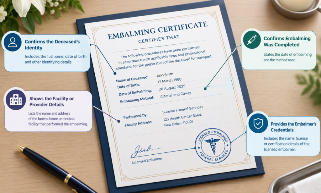 Embalming certificate confirming preparation for air transport